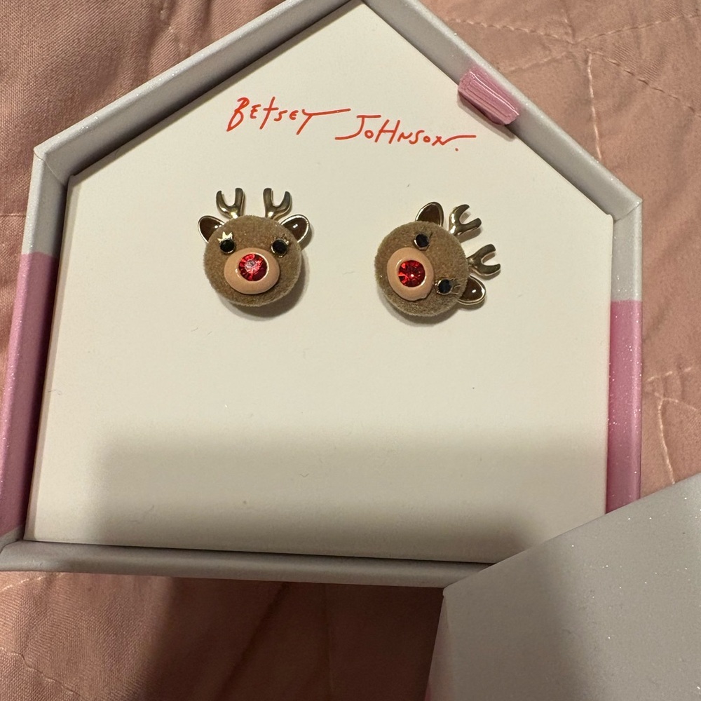 Betsey Johnson reindeer Earrings with festive pink holiday box